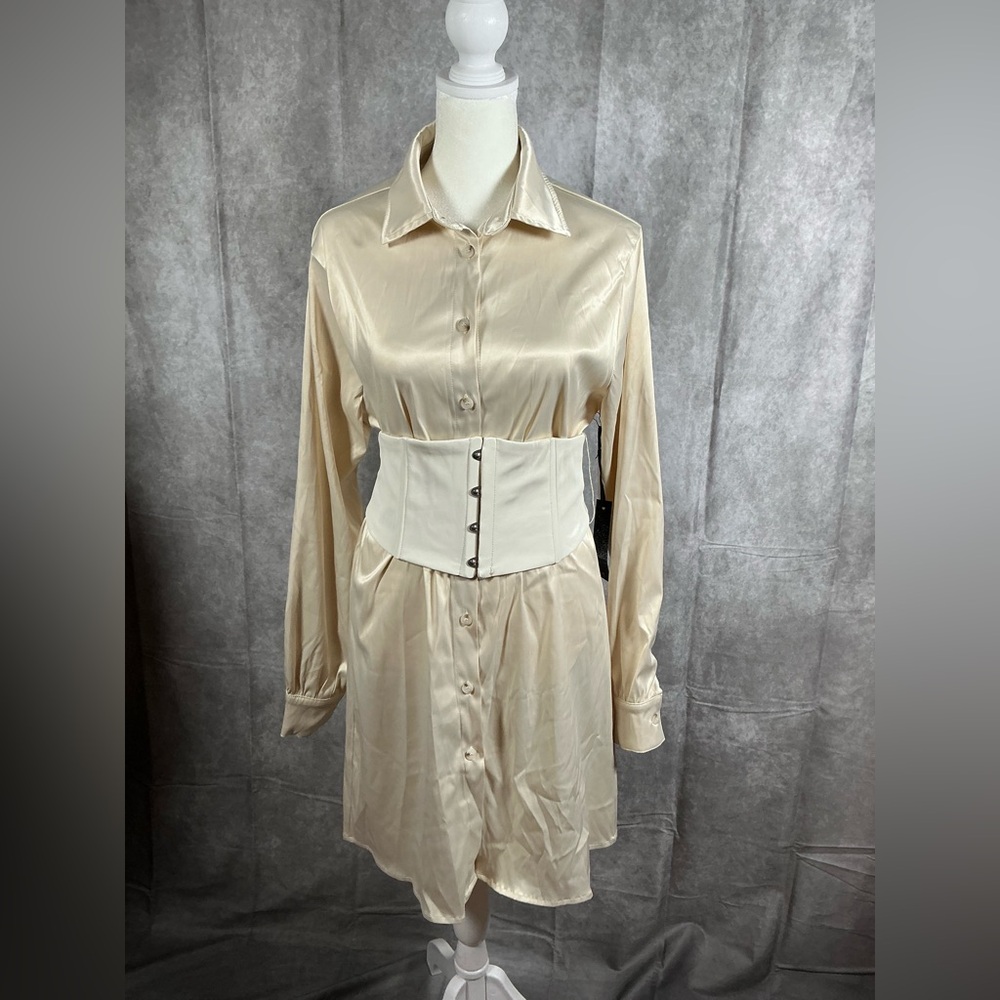 Chic Cream Long Sleeve Shirt Dress with Corset Belt